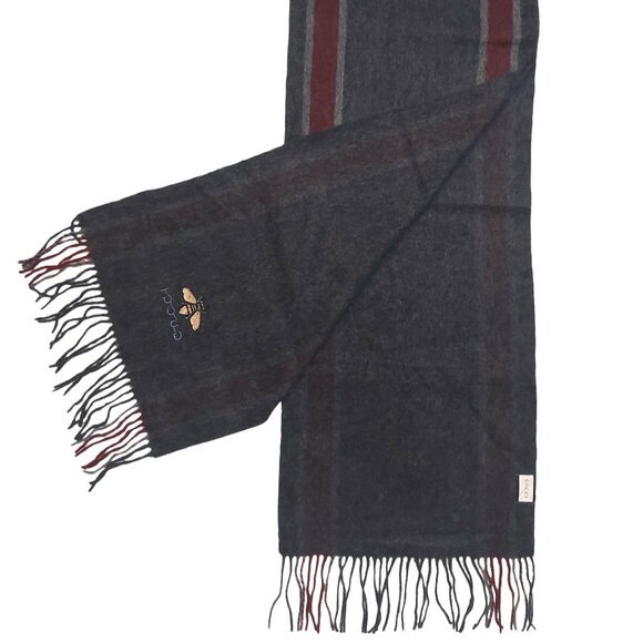 Gucci Vintage Gray & Burgundy Stripe Scarf w Embroidered Bee Logo - Picture 7 of 11
